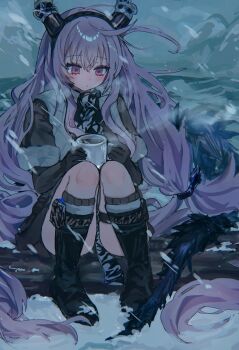 Rule 34 | 1girl, arknights, black boots, black gloves, black shirt, boots, commentary, cup, demon girl, demon horns, demon tail, frown, full body, fur-trimmed sleeves, fur trim, gloves, highres, holding, holding cup, horns, jacket, knee boots, knees up, long hair, looking down, low-tied long hair, morita (pixiv31883607), official alternate costume, outdoors, pink eyes, shirt, sitting, snow, snowing, socks, solo, tail, typhon (arknights), typhon (northern pathfinder) (arknights), very long hair, white jacket, white socks