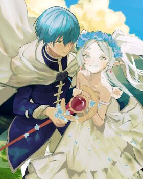 1boy 1girl bare_shoulders blue_flower blue_hair blue_jacket blue_sky cloak closed_mouth cloud cloudy_sky couple cow dress earrings elf flower forget-me-not_(flower) frieren green_eyes grey_hair grin hair_over_one_eye hashtag-only_commentary head_wreath hetero highres himmel_(sousou_no_frieren) holding holding_staff jacket jewelry kyoukaraa long_dress long_hair looking_at_another outdoors pants parted_bangs parted_lips pointy_ears short_hair sky smile sousou_no_frieren staff strap_slip teeth thick_eyebrows twintails white_cloak white_dress white_pants