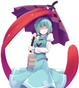1girl blue_hair blue_vest closed_eyes closed_mouth commentary_request cowboy_shot crote facing_viewer hand_up highres holding holding_umbrella karakasa_obake large_variant_set long_sleeves shirt short_hair skirt sleeves_past_wrists smile solo standing tachi-e tatara_kogasa tongue tongue_out touhou transparent_background u_u umbrella variant_set vest