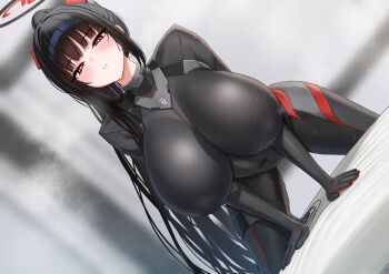 1girl alternate_breast_size_(larger) black_bodysuit black_hair black_halo blue_archive blush bodysuit breasts bright_pupils commentary_request covered_navel halo highres huge_breasts impossible_bodysuit impossible_clothes latex long_hair looking_at_viewer mizikayo multicolored_halo official_alternate_costume official_alternate_hairstyle open_bodysuit open_clothes paid_reward_available ponytail red_eyes ringed_eyes rio_(armed)_(blue_archive) rio_(blue_archive) skin_tight solo two-tone_halo very_long_hair white_pupils