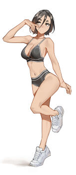 1girl :| absurdres ass black_bra black_panties bob_cut bra brown_eyes brown_hair closed_mouth collarbone full_body hair_between_eyes half-closed_eyes highres navel original panties raised_eyebrows shoes short_hair simple_background sneakers solo sports_bra sports_panties standing standing_on_one_leg tbocart thighs underwear white_background white_shoes