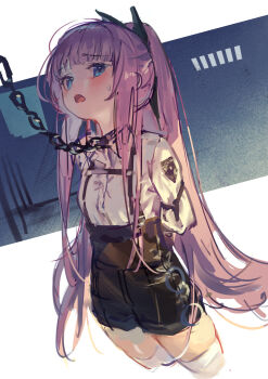 Rule 34 | 1girl, absurdres, arms behind back, azur lane, black skirt, blue eyes, blush, chain, chain leash, commentary, highres, leash, long hair, open mouth, purple hair, shirt, skirt, solo, standing, tashkent (azur lane), tashkent (the bound cruiser) (azur lane), thighhighs, very long hair, white shirt, white thighhighs, yu hydra