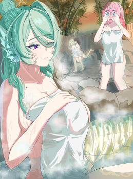 4girls absurdres angels_of_delusion aqua_hair aria_(human)_(zenless_zone_zero) aria_(zenless_zone_zero) aroused_nosebleed asrielkisyoten black_hair blood blue_eyes blush breasts cecilia_(zenless_zone_zero) commentary_request covering_face fins grabbing_another's_breast grabbing_from_behind green_hair groping head_fins highres large_breasts long_hair medium_hair multicolored_hair multiple_girls naked_towel nangong_yu nosebleed onsen pink_hair purple_eyes seahorse_girl small_breasts smile sunna_(zenless_zone_zero) thighs towel two-tone_hair wet yuri zenless_zone_zero