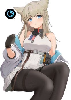 1girl animal_ears arknights arknights:_endfield belt bird_ears bird_girl black_gloves black_pantyhose dress gloves high_belt highres jacket long_hair looking_at_viewer off_shoulder open_clothes open_jacket pantyhose perlica_(arknights) sitting sleeveless sleeveless_dress solo sora_mame_(princess_0sora) two-tone_gloves white_background white_dress white_jacket yellow_gloves yellow_pupils