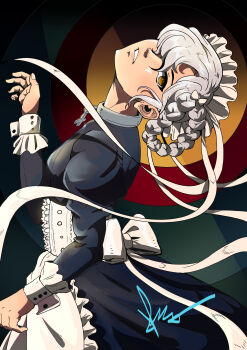 1girl absurdres apron blonde_hair boots braid braided_hair_rings breasts buttons chain chinzynator92 chronicles_of_the_siren_war collar concentric_circles cross_pendant dress empty_eyes frilled_apron frilled_dress frills from_side hair_bun hair_over_one_eye hair_ribbon hair_rings highres looking_at_viewer maid maid_apron maid_headdress metal_collar no_pupils puffy_sleeves ribbon shaft_look sheffield_(azur_lane) signature single_hair_bun solo thighhighs waist_ribbon white_apron white_ribbon white_thighhighs yellow_eyes