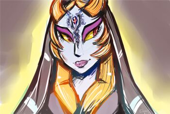 1girl 2015 arm_tattoo artist_name black_background black_skin blue_skin circlet cloak colored_sclera colored_skin commentary cupcakecreature english_commentary eyeshadow front_ponytail glowing glowing_tattoo hair_tie hood hood_up hooded_cloak leg_tattoo looking_to_the_side midna midna_(true) multicolored_skin nintendo purple_eyeshadow purple_lips red_eyes simple_background smirk tattoo the_legend_of_zelda the_legend_of_zelda:_twilight_princess two-tone_skin upper_body v-shaped_eyebrows yellow_sclera