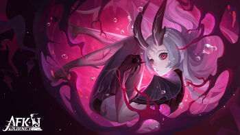 Rule 34 | 1girl, afk (series), afk journey, air bubble, bubble, closed mouth, commentary, copyright logo, demon, demon horns, english commentary, fetal position, full body, grey hair, highres, horns, logo, long hair, looking at viewer, official art, pink eyes, saida (afk), solo, very long hair