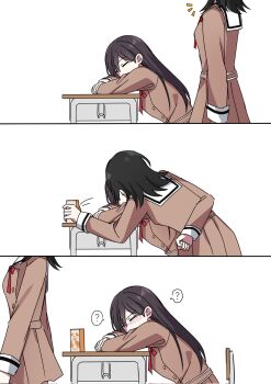 2girls ? bang_dream! bang_dream!_it&#039;s_mygo!!!!! black_hair blush brown_dress brown_hair chinese_commentary closed_eyes commentary_request desk dress hanasakigawa_school_uniform highres juice_box kiss kissing_cheek long_hair mole mole_under_eye multiple_girls sailor_dress school_desk school_uniform shiina_taki simple_background sleeping spoken_question_mark white_background yahata_umiri you100086 yuri