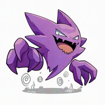 Rule 34 | colored skin, gen 1 pokemon, haunter, looking at viewer, mistray-art, nintendo, no humans, numbered, open mouth, pokemon, pokemon (creature), purple skin, signature, simple background, solo, white background