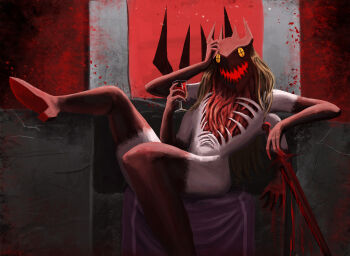 blonde_hair blood blood_devil_(chainsaw_man) chainsaw_man colored_skin cup curvy demon demon_girl demon_horns drinking_blood drinking_glass exposed_internal_machinery exposed_muscle extra_arms glowing glowing_eyes hand_on_own_face high_heels highres horns mekivango monster orange_eyes power_(chainsaw_man) red_skin sharp_teeth sitting sword teeth thighhighs throne weapon wine_glass