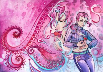 2boys aqua_belt belt closed_eyes clothing_cutout crop_top diavolo freckles heart jojo_no_kimyou_na_bouken long_hair long_sleeves makeup male_focus midriff multiple_boys painting_(medium) pants pink_hair pink_lips pink_nails pink_theme ponytail purple_pants purple_sweater ribbed_sweater si3art sweater traditional_media turtleneck turtleneck_sweater vento_aureo vinegar_doppio watercolor_(medium) yellow_eyes