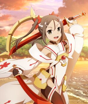 1girl :d armpit_crease bare_shoulders beach black_gloves black_thighhighs brown_eyes brown_hair chest_jewel cloud cloudy_sky dot_nose dual_wielding evening game_cg gem gloves gradient_sky holding holding_sword holding_weapon looking_at_viewer magical_girl mankai miyoshi_karin multicolored_gloves official_art open_mouth orange_sky over_shoulder purple_sky red_gem robe showgirl_skirt skirt sky smile solo sword sword_over_shoulder teeth thighhighs third-party_source toji_no_miko toji_no_miko:_kizamishi_issen_no_tomoshibi tree two-tone_gloves upper_teeth_only water weapon weapon_over_shoulder white_gloves white_robe white_skirt wide_sleeves yuuki_yuuna_wa_yuusha_de_aru yuusha_de_aru