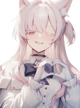 1girl akira_(blue_archive) animal_ear_fluff animal_ears black_bow black_bowtie black_choker blue_archive blush bow bowtie breasts buttons cat_ears choker colored_eyelashes gloves grin heart heart_hands highres long_hair long_sleeves looking_at_viewer mellow_(srpp4843) one_eye_closed red_eyes simple_background small_breasts smile solo upper_body white_background white_eyelashes white_gloves white_hair