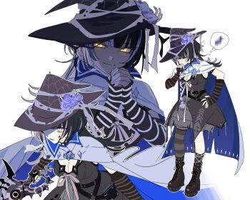 1girl arm_strap arm_warmers asymmetrical_legwear black_boots black_dress black_hair black_hat black_socks black_thighhighs blunt_bangs boots breasts censored cleavage cloak dress enigmatic_recollection fishnet_socks fishnets full_body grey_hair hat high_heel_boots high_heels highres holding holding_sword holding_weapon hololive hololive_english interlocked_fingers kneehighs lace-up_boots large_breasts long_hair mismatched_legwear mosaic_censoring multicolored_hair own_hands_together platform_heels shiori_novella shiori_novella_(1st_costume) short_dress simple_background single_kneehigh single_sock single_thighhigh sleeveless sleeveless_dress socks speech_bubble split-color_hair striped_clothes striped_thighhighs sword thighhighs thought_bubble uneven_legwear variations virtual_youtuber weapon white_background white_cloak witch_hat yellow_eyes yomosaka