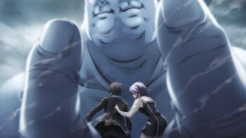 Rule 34 | 1girl, 2boys, belt, black hair, black jacket, black pants, blazer, blue hair, breasts, chaos;child, cloud, day, dress shirt, dress vest, fat, fat man, from behind, game cg, giant, glasses, hekiho academy school uniform, highres, jacket, kazuki hana, large breasts, leaning forward, miniskirt, miyashiro takuru, multiple boys, no jacket, non-web source, official art, opaque glasses, outdoors, pants, pulling another's clothes, red-framed eyewear, sailor collar, sailor shirt, sasaki mutsumi, school uniform, science adventure, shirt, skirt, sky, sumo, sumo sticker (chaos;child), white belt, white sailor collar, white shirt