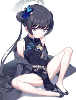 1girl absurdres bare_legs black_dress black_hair black_shoes blue_archive blush breasts butterfly_hair_ornament china_dress chinese_clothes closed_mouth coat double_bun dragon_print dress full_body grey_coat grey_eyes grey_halo hair_bun hair_ornament halo high_heels highres kim_nico kisaki_(blue_archive) legs loli long_hair looking_at_viewer pinstripe_pattern pumps revision shoes simple_background sitting sleeveless sleeveless_dress small_breasts solo toe_cleavage twintails white_background