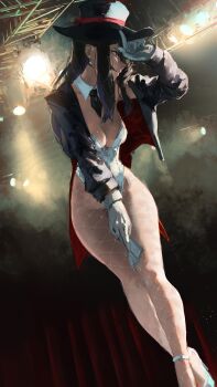 1girl absurdres black_coat black_hair black_hat breasts cleavage closed_mouth coat curtains detached_collar dutch_angle earrings fishnet_pantyhose fishnets gandy_(gan3e46) gloves hat high_heels highleg highleg_leotard highres jewelry large_breasts leotard long_hair magician necktie open_clothes open_coat original pantyhose purple_eyes short_necktie sidelocks smile solo stage_lights tailcoat top_hat white_gloves white_leotard