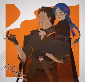 1boy 1girl alternate_costume alternate_universe black_hair blue_hair capelet cigarette dark_persona dress dress_pants dress_shirt gloves green_eyes highres holding_person jacket jacket_on_shoulders leather leather_gloves meili_portroute natsuki_subaru re:zero_kara_hajimeru_isekai_seikatsu red_eyes sanpaku shibanyu63868 shirt shirt_tucked_in short_hair sitting_on_arm