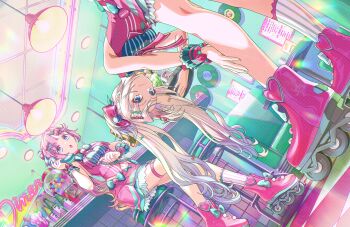 2girls :3 :o anyoji_hime aqua_bow aqua_bowtie armpit_crease bar_stool bare_shoulders bent_over blonde_hair blue_eyes blue_hair blunt_bangs boots bow bowtie breasts ceiling_light closed_mouth corded_phone diner dutch_angle fang fang_out footwear_bow from_below game_cg gradient_hair hair_ornament hand_on_own_leg heart heart_hair_ornament highres holding holding_phone indoors initial letter_hair_ornament light_bulb link!_like!_love_live! looking_at_viewer love_live! medium_breasts miniskirt mira-cra_park! multi-tied_hair multicolored_hair multiple_girls navel neon_lights non-web_source o-ring o-ring_thigh_strap official_alternate_costume official_art on_stool open_mouth osawa_rurino phone pink_boots pink_hair pink_shirt pink_skirt pink_wrist_cuffs pleated_skirt ponytail roller_skates shirt sidelocks single_sock sitting skates skirt sleeveless sleeveless_shirt socks standing stool striped_clothes striped_socks thigh_strap twintails vertical-striped_clothes vertical-striped_socks vinyl_record virtual_youtuber wawo!_(love_live!) white_socks wrist_cuffs x_hair_ornament