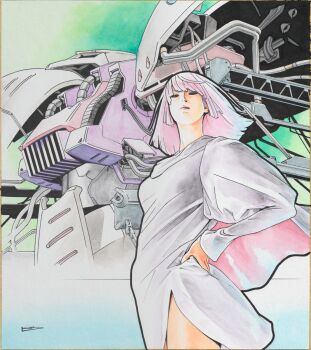 1girl cape cowboy_shot gundam haman_karn hand_on_own_hip highres ikeda_kazuhiro juliet_sleeves long_sleeves looking_down mecha medium_hair mobile_suit neo_zeon pink_hair puffy_sleeves qubeley robot science_fiction signature simple_background solo two-tone_cape zeon zeta_gundam