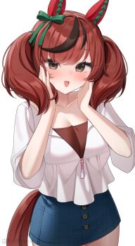 1girl absurdres animal_ears black_streaks blue_skirt blush breasts brown_eyes brown_hair brown_tail cleavage collarbone denim denim_skirt hands_on_own_cheeks hands_on_own_face highres horse_ears horse_girl horse_tail long_hair looking_at_viewer medium_breasts miniskirt nice_nature_(casual)_(umamusume) nice_nature_(umamusume) nose_blush open_mouth rynzfrancis shirt simple_background skirt solo tail twintails umamusume wavy_mouth white_background white_shirt zipper_pull_tab