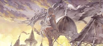 1girl barefoot closed_eyes cloud commentary_request dragon dress fantasy grey_dress grey_hair highres original outdoors paru_(parucom) sitting sleeveless sleeveless_dress solo sunset western_dragon