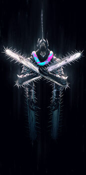 1boy aura black_background blue_scarf chainsaw chainsaw_devil chainsaw_man chun_lo commentary english_commentary extra_arms highres limited_palette multiple_girls open_mouth pink_scarf scarf sharp_teeth solo teeth upper_body