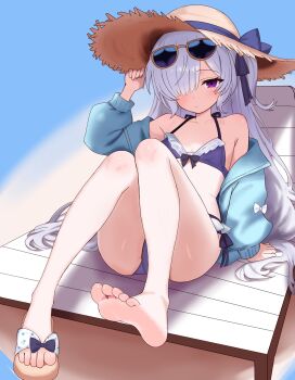 Rule 34 | 1girl, adjusting eyewear, barefoot, bikini, blue jacket, chair, expressionless, feet, flat chest, foot focus, hair over one eye, hat, highres, jacket, long hair, looking at viewer, lounge chair, mahou shoujo no majo saiban, messy hair, natsume an-an, off shoulder, oh24478664, purple bikini, purple eyes, sandals, simple background, single sandal, soles, solo, straw hat, sunglasses, swimsuit, toes, very long hair, white hair