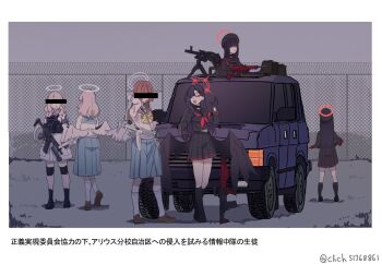 6+girls arius_student_(blue_archive) bar_censor beret black_choker black_gloves black_hair black_hat black_sailor_collar black_serafuku black_shoes black_socks black_wings blue_archive blue_skirt brown_shoes bulletproof_vest car censored choker clich51368861 closed_eyes commentary_request feathered_wings flashlight from_behind full_body gloves gun hair_ornament hairclip halo hat holding holding_gun holding_weapon ichika_(blue_archive) justice_task_force_member_(blue_archive) knee_pads loafers long_hair long_sleeves low_wings machine_gun midriff_peek miniskirt motor_vehicle multiple_girls neckerchief open_mouth outdoors pink_hair pleated_skirt red_hair red_halo red_neckerchief sailor_collar school_uniform serafuku shoes skirt smile socks standing submachine_gun trinity_student_(blue_archive) twitter_username weapon white_halo white_serafuku white_socks winged_halo wings
