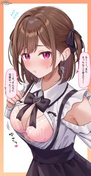1girl :t absurdres armpit_crease black_bow black_bowtie black_ribbon black_skirt blush border bow bowtie bra breasts brown_hair childhood_friend-chan_(ramchi) cleavage clothing_cutout flying_sweatdrops frilled_shirt frills hair_ribbon highres jirai_kei large_breasts medium_hair motion_lines orange_border original partially_unbuttoned pink_bra pink_eyes raised_inner_eyebrows ramchi ribbon shirt shoulder_cutout sidelocks skirt solo speech_bubble underwear white_background