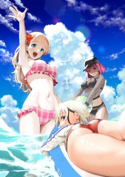 3girls arm_up armpits ass bikini black_cap blonde_hair blue_eyes bodystocking breasts chigarashi_mahina cloud cloudy_sky cover cover_page fishnet_bodystocking fishnets flower frilled_bikini frills green_eyes hair_between_eyes hair_flower hair_ornament hand_up hat highres kurohiji_(scary_campus_college_university) large_breasts long_hair looking_at_viewer manga_cover multiple_girls nagashii_kouhei navel official_art open_mouth pink_eyes pink_hair plaid_bikini plaid_clothes scary_campus_college_university short_hair sky suoh_nene surfboard swimsuit when_you_see_it