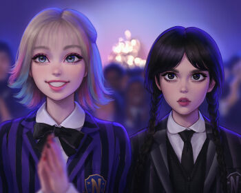 2girls 6+others black_eyes black_hair black_necktie blonde_hair blue_eyes blurry blurry_background braid braided_twintails collared_shirt commentary english_commentary enid_sinclair highres jacket lips long_hair multiple_girls multiple_others necktie school_uniform shirt short_hair smile striped_clothes striped_jacket the_addams_family twin_braids umigraphics vertical-striped_clothes vertical-striped_jacket wednesday_(netflix) wednesday_addams