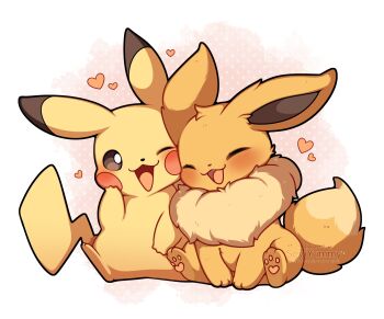 Rule 34 | absurdres, animal focus, blush, brown eyes, brown fur, closed eyes, eevee, gen 1 pokemon, heart, highres, nintendo, no humans, one eye closed, open mouth, pikachu, pokemon, pokemon (creature), pokemon focus, sevi (seviyummy), smile, yellow fur