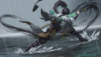 1boy absurdres black_hair black_pants chinese_clothes closed_mouth frozen-sad green_ribbon hair_between_eyes hair_ribbon highres holding holding_sword holding_weapon long_hair male_focus pants ponytail qiuyuan_(wuthering_waves) ribbon shirt solo sword water_drop weapon white_shirt wuthering_waves