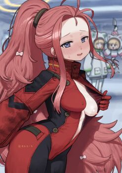 Rule 34 | 3girls, blue archive, blue eyes, breasts, commentary request, death momoi (meme), flashing, forehead, highres, long hair, maruko tooto, meme, midori (blue archive), midori (winter) (blue archive), momoi (blue archive), momoi (winter) (blue archive), multiple girls, red hair, small breasts, stealth flashing, very long hair, winter clothes, yuzu (blue archive), yuzu (pilot suit) (blue archive)