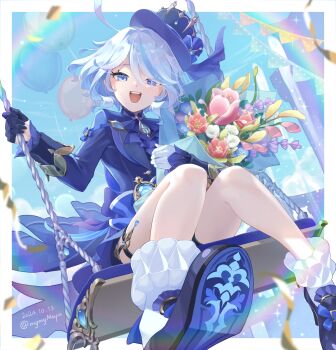 1girl ascot asymmetrical_gloves balloon black_gloves black_shorts blue_ascot blue_hair blue_hat blue_jacket blue_sky border bouquet brooch confetti cowlick dated day drop-shaped_pupils flower from_below furina_(genshin_impact) genshin_impact gloves hat heterochromia highres holding holding_bouquet jacket jewelry kura_xx_meme light_blue_hair mismatched_gloves mismatched_pupils multicolored_hair on_swing ouji_fashion outside_border shoe_soles short_shorts shorts sitting sky socks solo streaked_hair swing swinging_on_swing symbol-shaped_pupils top_hat twitter_username vision_(genshin_impact) white_border white_gloves white_socks
