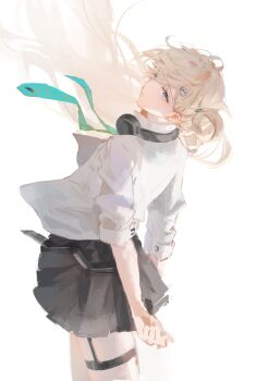 1girl absurdres black_skirt blonde_hair blue_eyes closed_mouth commentary cowboy_shot elyzerda floating_hair from_side green_necktie hair_floating_upwards hair_ornament hashtag-only_commentary headphones headphones_around_neck highres jacket long_hair looking_at_viewer looking_to_the_side lynae_(wuthering_waves) necktie revision simple_background skirt solo white_background white_jacket wuthering_waves