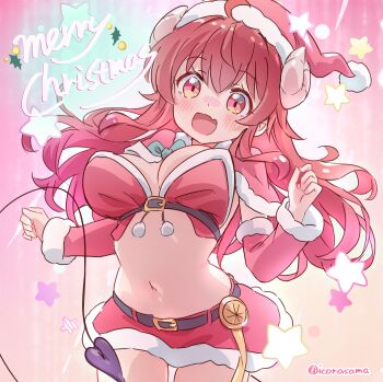 1girl :d absurdres belt black_belt breasts christmas cleavage demon_girl demon_tail detached_sleeves hat highres icorasama large_breasts looking_at_viewer machikado_mazoku merry_christmas navel open_mouth pink_eyes red_hat red_skirt red_sleeves santa_hat skirt smile solo tail twitter_username yoshida_yuuko
