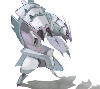 +_+ 1other black_sclera claws colored_sclera commentary english_commentary full_body gen_7_pokemon golisopod highres isopod looking_to_the_side nintendo no_humans open_mouth pokemon pokemon_(creature) pokemon_focus ryulveon simple_background solo standing white_background white_eyes