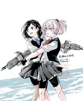 Rule 34 | 2girls, absurdres, adapted turret, bike shorts, bike shorts under skirt, black hair, black skirt, black vest, blue eyes, collared shirt, commentary request, dress shirt, feet out of frame, highres, kantai collection, kuroshio (kancolle), kuroshio kai ni (kancolle), multiple girls, neck ribbon, pink hair, pleated skirt, ponytail, ribbon, shiranui (kancolle), shiranui kai ni (kancolle), shirt, short hair, skirt, uzaki (jiro), vest, white shirt