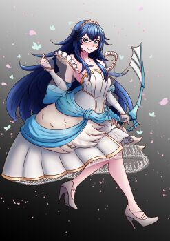 Rule 34 | 1girl, absurdres, aqua bow, aqua sash, back bow, bare shoulders, blue eyes, blue hair, bow, bow (weapon), brand of the exalt, collarbone, detached sleeves, dress, finger heart, fire emblem, fire emblem awakening, gold tiara, gold trim, gradient background, hair between eyes, heart, high heels, highres, holding, holding bow (weapon), holding weapon, long hair, looking at viewer, lucina (bridal) (fire emblem), lucina (fire emblem), medium dress, monochrome background, nintendo, official alternate costume, petals, sash, see-through clothes, see-through sleeves, shoes, silver shoes, smile, strappy heels, symbol-shaped pupils, symbol in eye, weapon, wedding dress, white dress, white shoes, white sleeves, will (willanator93)