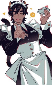 1boy :p alternate_costume animal_ears animification apron back_bow black_dress black_hair bow brown_bow cake cat_boy cat_ears cat_tail cole_(ninjago) collared_dress commentary_request crossdressing crossdressing_(mtf) dress enmaided food food_on_face food_on_hand haaa_om007ls hair_bow heart highres holding holding_cake holding_food juliet_sleeves korean_commentary light-skinned_palms long_sleeves maid maid_headdress male_focus name_tag ninjago orange_eyes partially_unbuttoned puffy_sleeves short_hair simple_background solo speech_bubble spoken_heart tail the_lego_group tongue tongue_out white_apron white_background white_bow wing_collar