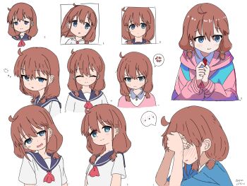 ... 1girl absurdres anger_vein blue_eyes blue_sailor_collar blue_shirt blush brown_hair bubble city_(arawi_keiichi) closed_eyes closed_mouth covering_own_eyes cropped_torso doupuoa from_side full-face_blush highres hood hood_down hoodie izumi_riko_(city) medium_hair mob_face multiple_views neckerchief open_mouth own_hands_together pink_hoodie red_neckerchief sailor_collar school_uniform serafuku shirt short_sleeves signature simple_background smile spoken_anger_vein spoken_ellipsis white_background white_serafuku