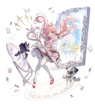 1girl :d apron blush commentary dress encore_(wuthering_waves) floating_hair frilled_apron frilled_dress frills full_body gin_(gin937) gloves hair_floating_upwards highres holding holding_key key looking_at_viewer maid mirror open_mouth outstretched_arm oversized_object pantyhose pink_dress pink_hair pink_shoes pointing purple_eyes shoes short_sleeves smile solo twintails white_apron white_background white_gloves white_pantyhose wuthering_waves