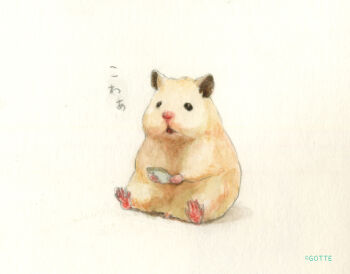 animal animal_focus artist_name cellphone commentary_request gotte hamster highres holding holding_phone no_humans original painting_(medium) phone simple_background sitting smartphone traditional_media translation_request watercolor_(medium) white_background