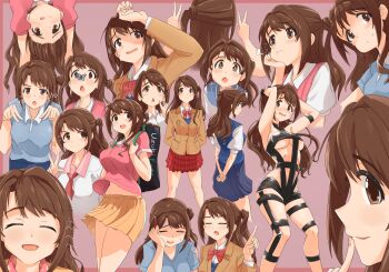 Rule 34 | 1girl, absurdres, arm up, arms behind back, backpack, bag, blue shirt, bow, bowtie, breasts, brown eyes, brown hair, brown jacket, bug, butterfly, butterfly on nose, closed mouth, double v, empty eyes, fingernails, highres, holding, holding pencil, hot limit, idolmaster, idolmaster cinderella girls, index finger raised, insect, jacket, lapels, long hair, long sleeves, looking at viewer, multiple views, navel, neckerchief, notched lapels, one side up, open mouth, pencil, pink sailor collar, pink shirt, pleated skirt, pout, red bow, red bowtie, red neckerchief, red skirt, sailor collar, school uniform, shimamura uzuki, shirt, short sleeves, skirt, smile, sparkling eyes, t.m.revolution, twogie, upside-down, v, white shirt