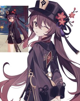 Rule 34 | 1girl, black hat, brown hair, flower, flower-shaped pupils, game screenshot inset, genshin impact, hair between eyes, hat, highres, hu tao (genshin impact), long hair, looking at viewer, one eye closed, red eyes, screenshot inset, smile, symbol-shaped pupils, tongue, tongue out, twintails, woolly (ll 0o0)