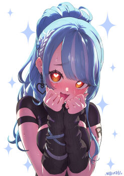 1girl :3 :d absurdres arm_strap artist_name black_shirt black_sleeves blue_hair blush braid breasts breasts_squeezed_together bright_pupils cleavage_cutout clothing_cutout detached_sleeves dot_nose eyes_visible_through_hair fangs hands_up head_tilt heart heart-shaped_pupils high_ponytail highres looking_at_viewer medium_breasts multicolored_hair niboshidrip nose_blush open_mouth orange_eyes ponytail raised_inner_eyebrows shiranami_ramune shirt short_sleeves signature smile solo sparkle straight_hair streaked_hair sweat symbol-shaped_pupils tattoo two-tone_hair upper_body virtual_youtuber vspo! white_background white_hair white_pupils