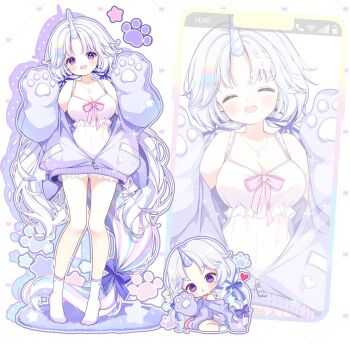 1girl :d ^_^ ayatsuno_yuni bare_shoulders blush bow breasts character_name chibi cleavage closed_eyes commentary_request cross-shaped_pupils dress full_body hands_up jacket jewelry korean_commentary large_breasts long_hair long_sleeves looking_at_viewer multicolored_tail multiple_views necklace off_shoulder open_clothes open_jacket open_mouth outline parted_bangs purple_bow purple_eyes purple_jacket sleeveless sleeveless_dress smile socks standing stellive subin_(subin_2011) symbol-shaped_pupils tail tail_bow tail_ornament unicorn_girl unicorn_horn very_long_hair virtual_youtuber white_background white_dress white_hair white_outline white_socks