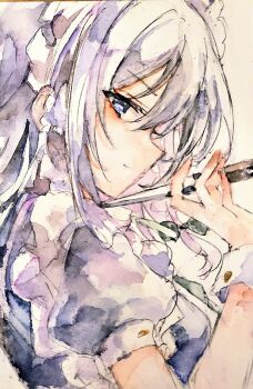 1girl absurdres apron blue_dress blue_eyes braid commentary dress hand_up highres holding holding_knife izayoi_sakuya kamu_kotan knife light_smile looking_at_viewer maid maid_apron maid_headdress medium_hair shirt short_sleeves solo touhou traditional_media twin_braids upper_body white_hair white_shirt wrist_cuffs